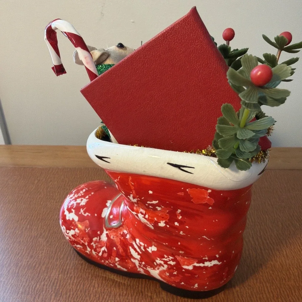 Vintage Lefton Christmas Red Santa‎ Boot Planter Mouse & Book Plastic Holly